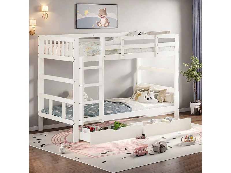 Beliche de madeira com arrumação, cama juvenil 90 x 200 cm, beliche de casal branco com vedação alta anti-queda, desmontável em duas camas individuais