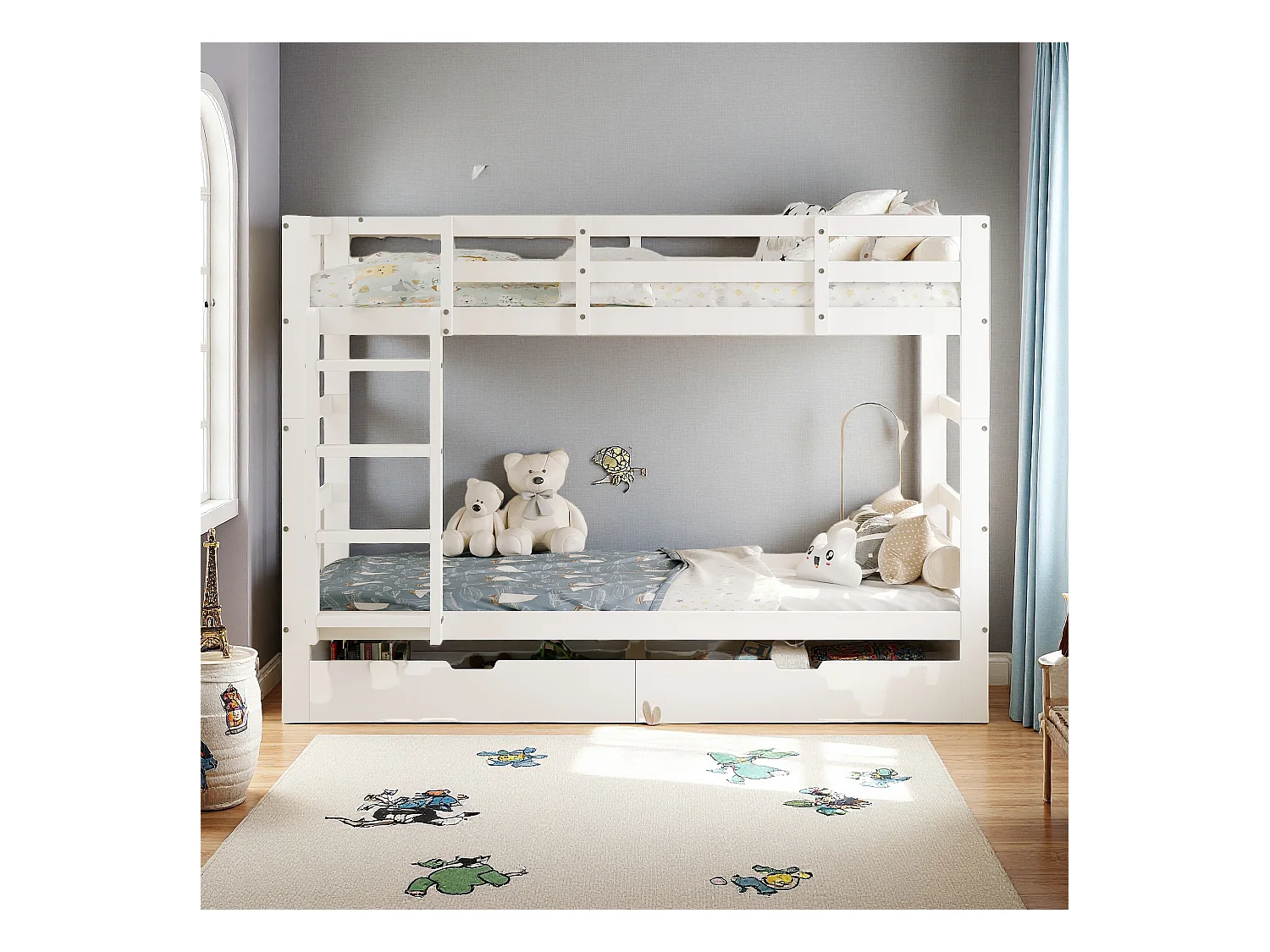 Letto a castello 90x200 cm bianco, in legno, con contenitore, alta protezione anticaduta, per ragazzi, smontabile in due letti singoli