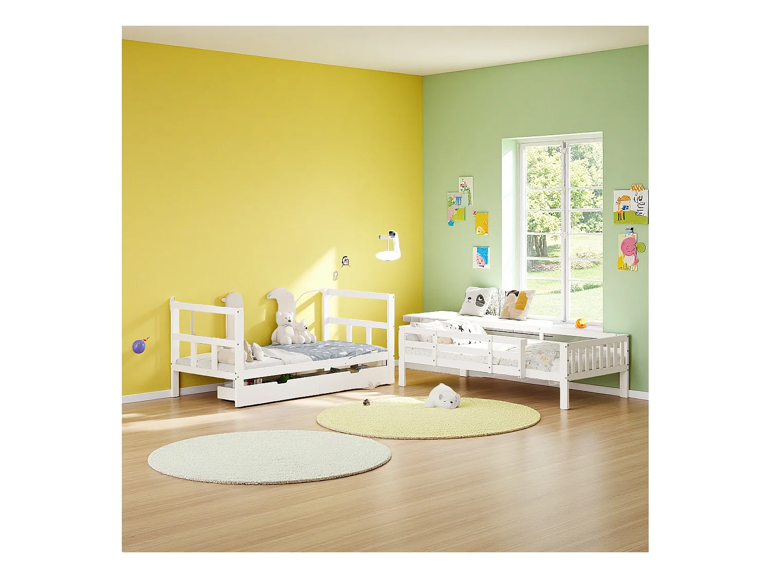 Letto a castello 90x200 cm bianco, in legno, con contenitore, alta protezione anticaduta, per ragazzi, smontabile in due letti singoli