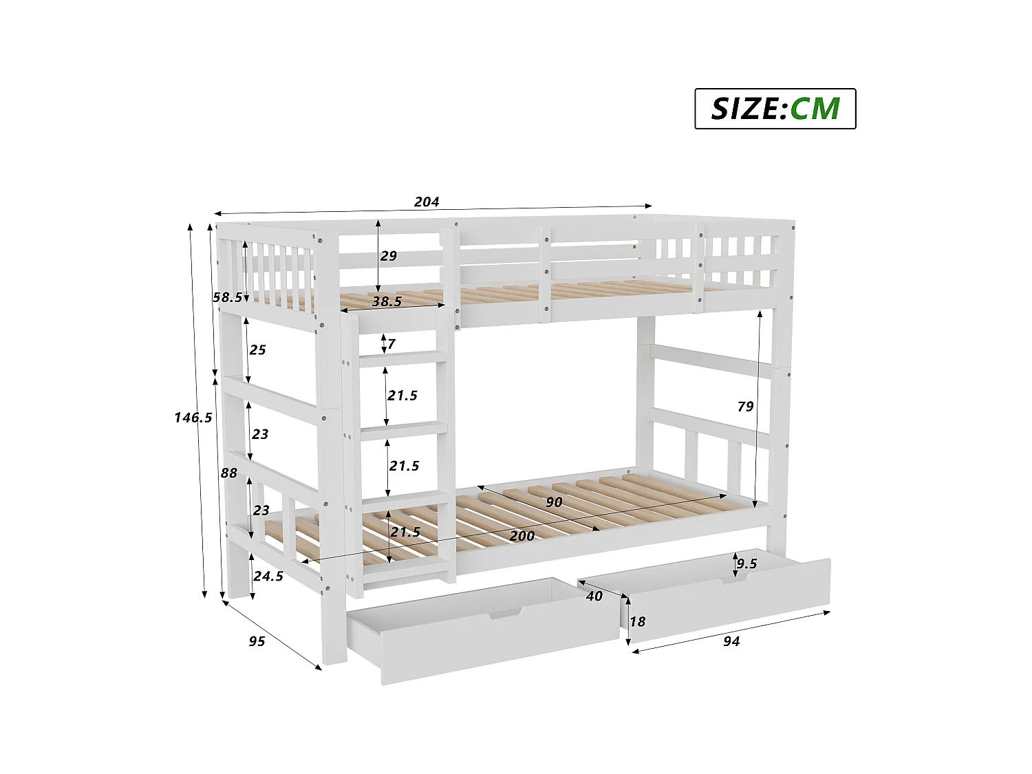 Letto a castello 90x200 cm bianco, in legno, con contenitore, alta protezione anticaduta, per ragazzi, smontabile in due letti singoli