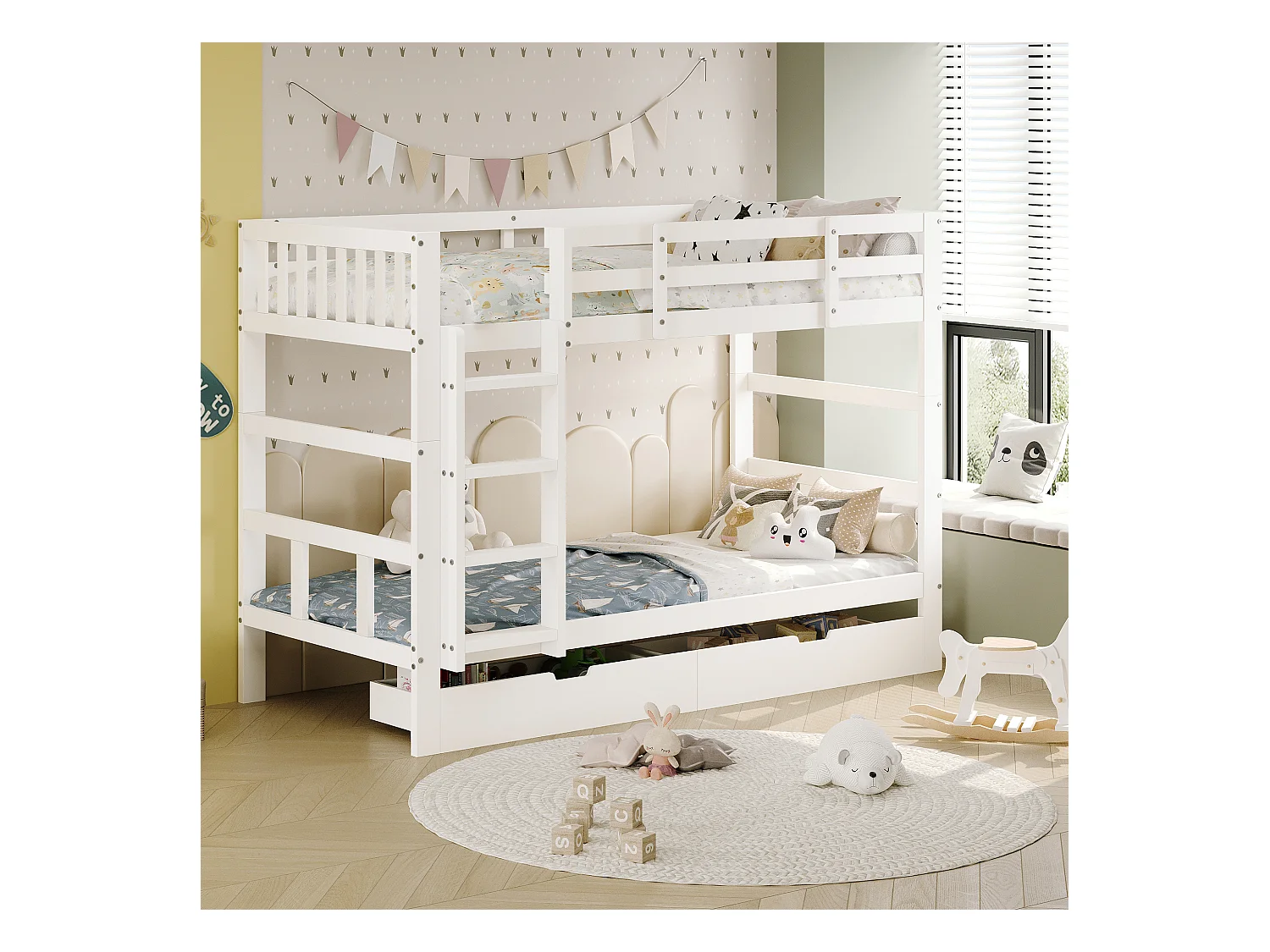 Letto a castello 90x200 cm bianco, in legno, con contenitore, alta protezione anticaduta, per ragazzi, smontabile in due letti singoli