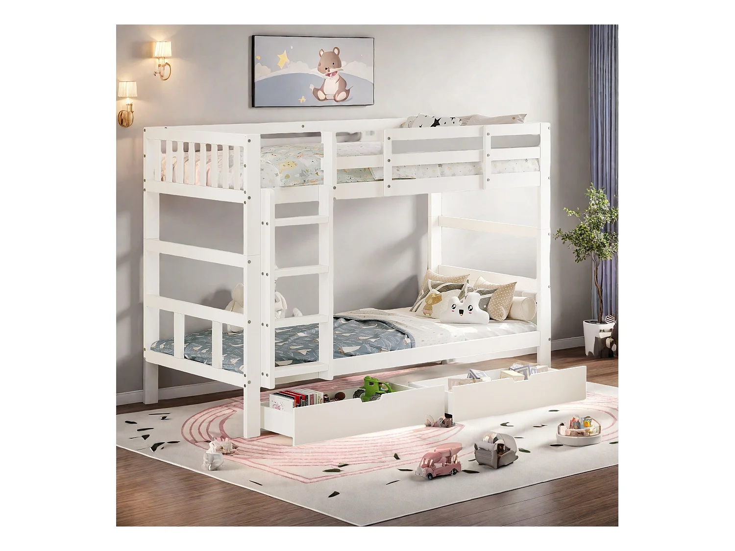 Lit superposé en bois avec rangement, lit juvénile 90 x 200 cm, lit superposé double blanc avec clôture haute anti-chute, Peut être démonté en deux lits simples