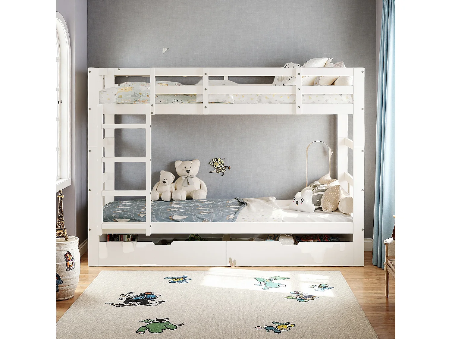 Houten stapelbed met opbergruimte, kinderbed 90 x 200 cm, wit tweepersoons stapelbed met hoge valbeveiliging, Demontabel tot twee eenpersoonsbedden