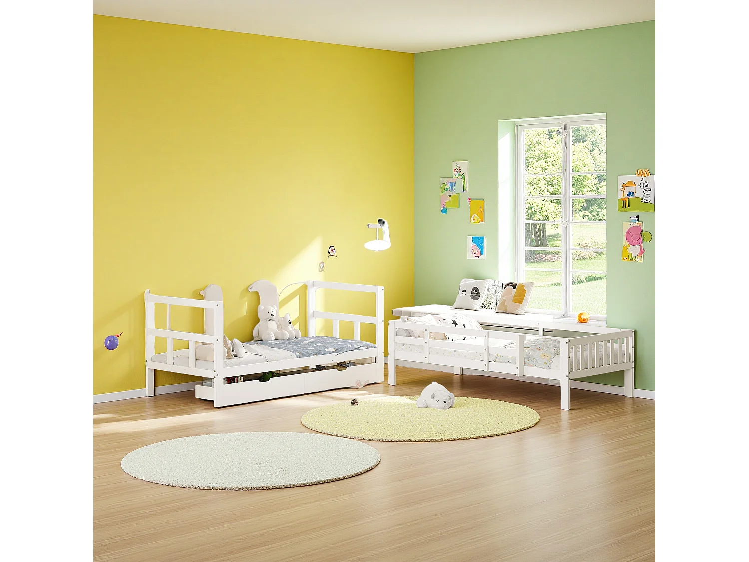 Houten stapelbed met opbergruimte, kinderbed 90 x 200 cm, wit tweepersoons stapelbed met hoge valbeveiliging, Demontabel tot twee eenpersoonsbedden