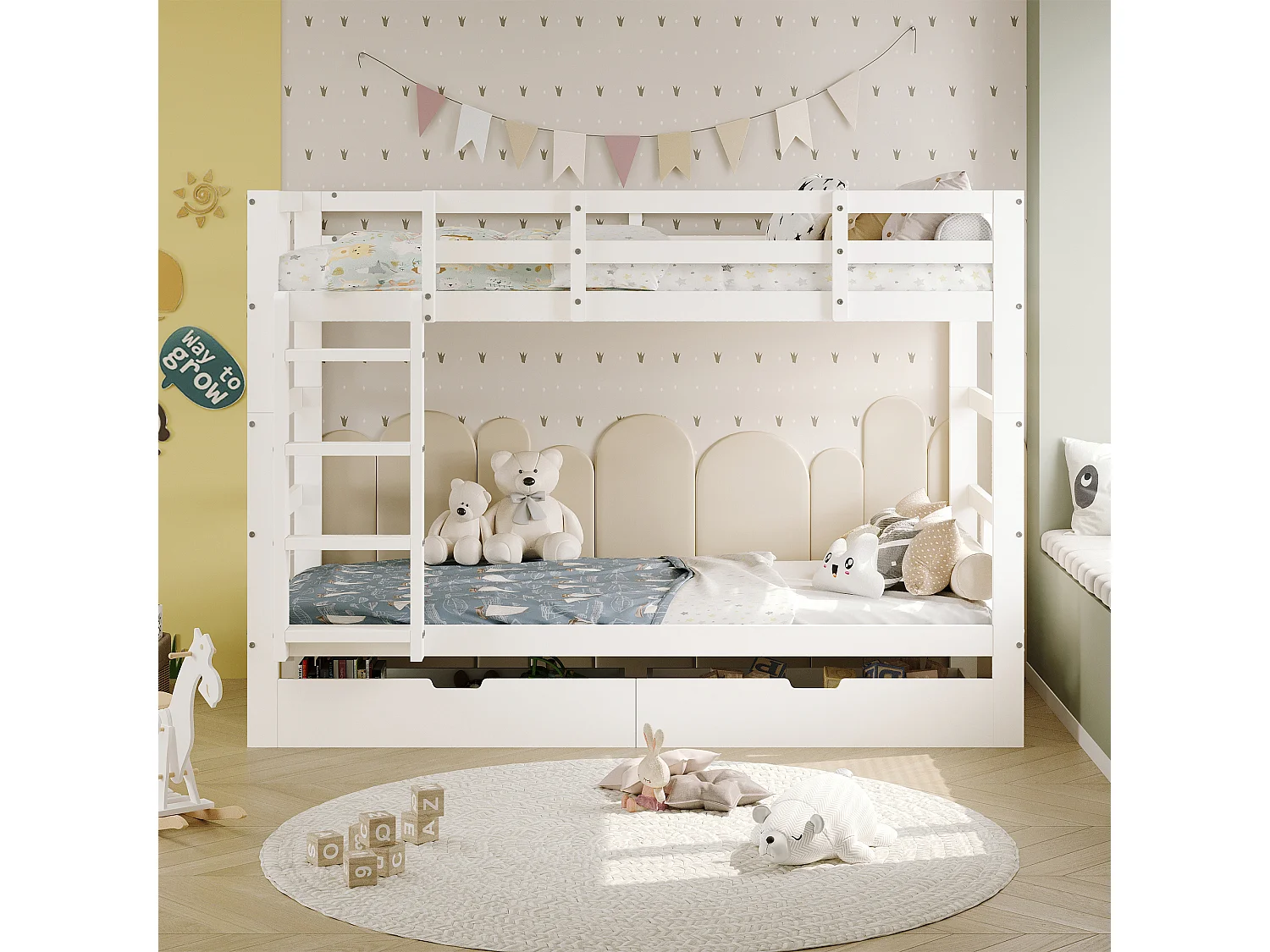 Houten stapelbed met opbergruimte, kinderbed 90 x 200 cm, wit tweepersoons stapelbed met hoge valbeveiliging, Demontabel tot twee eenpersoonsbedden