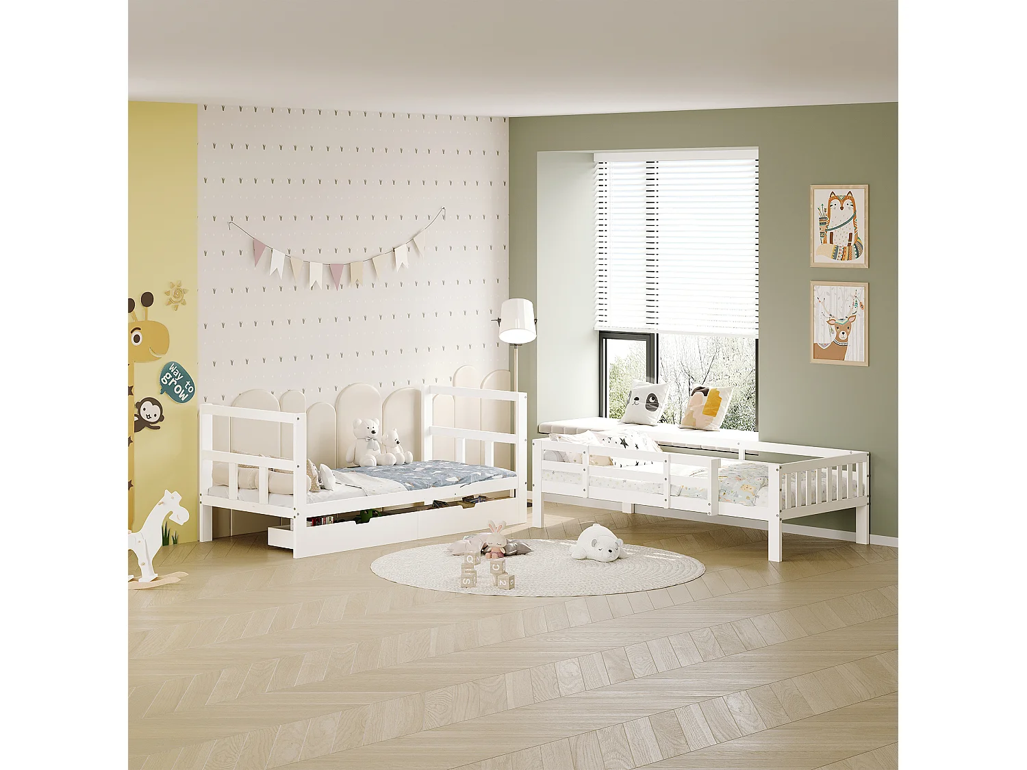 Houten stapelbed met opbergruimte, kinderbed 90 x 200 cm, wit tweepersoons stapelbed met hoge valbeveiliging, Demontabel tot twee eenpersoonsbedden