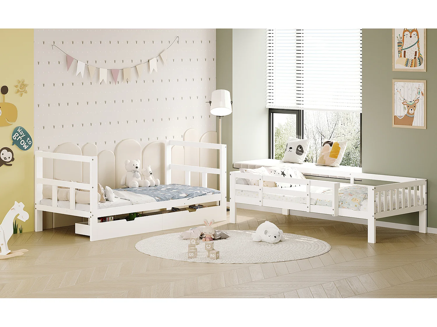 Houten stapelbed met opbergruimte, kinderbed 90 x 200 cm, wit tweepersoons stapelbed met hoge valbeveiliging, Demontabel tot twee eenpersoonsbedden