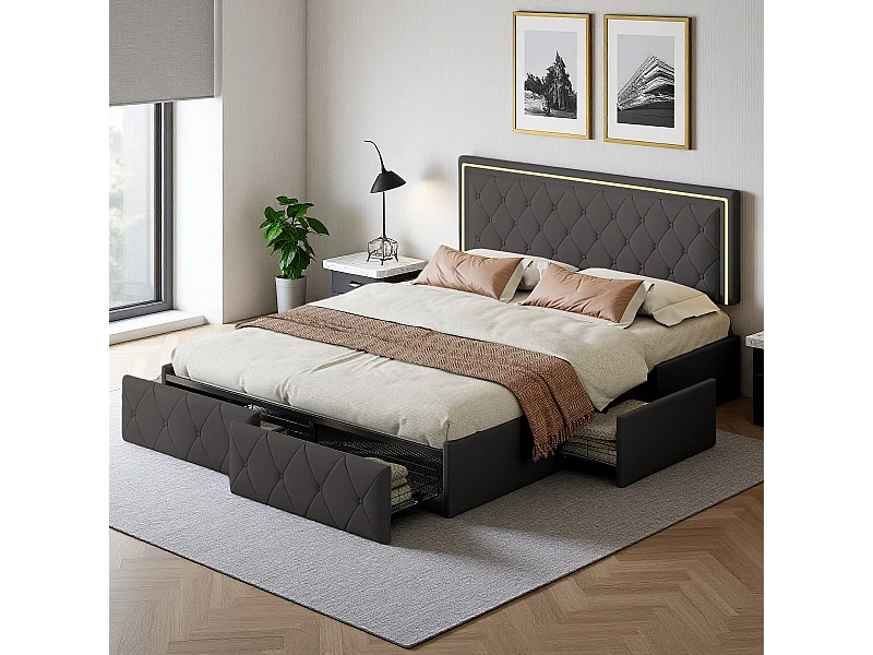 Lit double rembourré gris, 140 x 200 cm, avec éclairage LED, 4 tiroirs de rangement et tête de lit réglable en hauteur, coffre de rangement, avec sommier à lattes