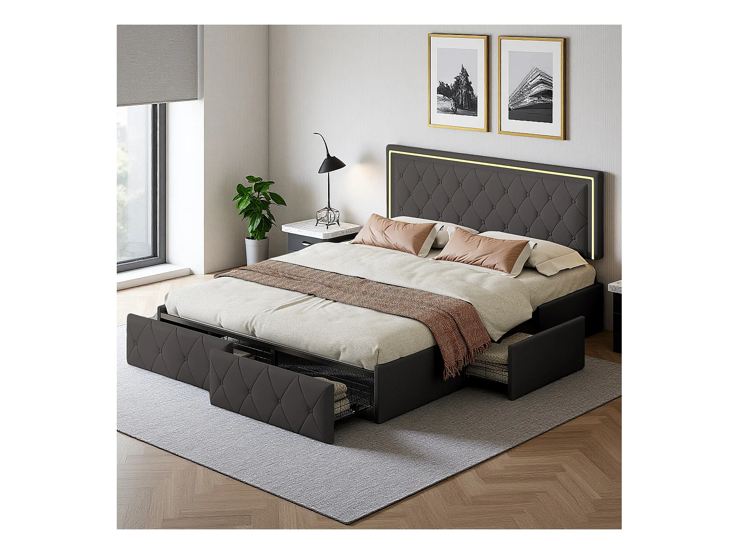 Cama de casal estofada cinza, 140 x 200 cm, com iluminação LED, 4 gavetas de arrumação e cabeceira regulável em altura, caixa de arrumação, com estrado de ripas