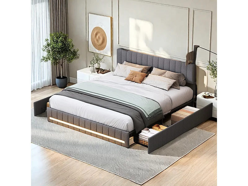 Grijs tweepersoonsbedframe 140x190 cm, lattenbodem, gestoffeerd met opberghoofdeinde, 4 geïntegreerde lades en eenvoudige montage