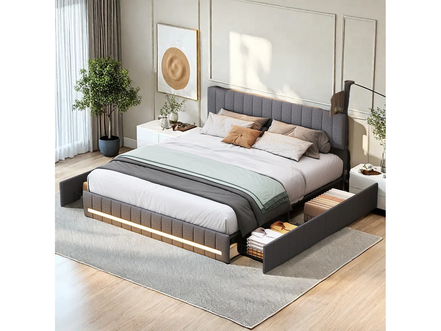 Grijs tweepersoonsbedframe 140x190 cm, lattenbodem, gestoffeerd met opberghoofdeinde, 4 geïntegreerde lades en eenvoudige montage