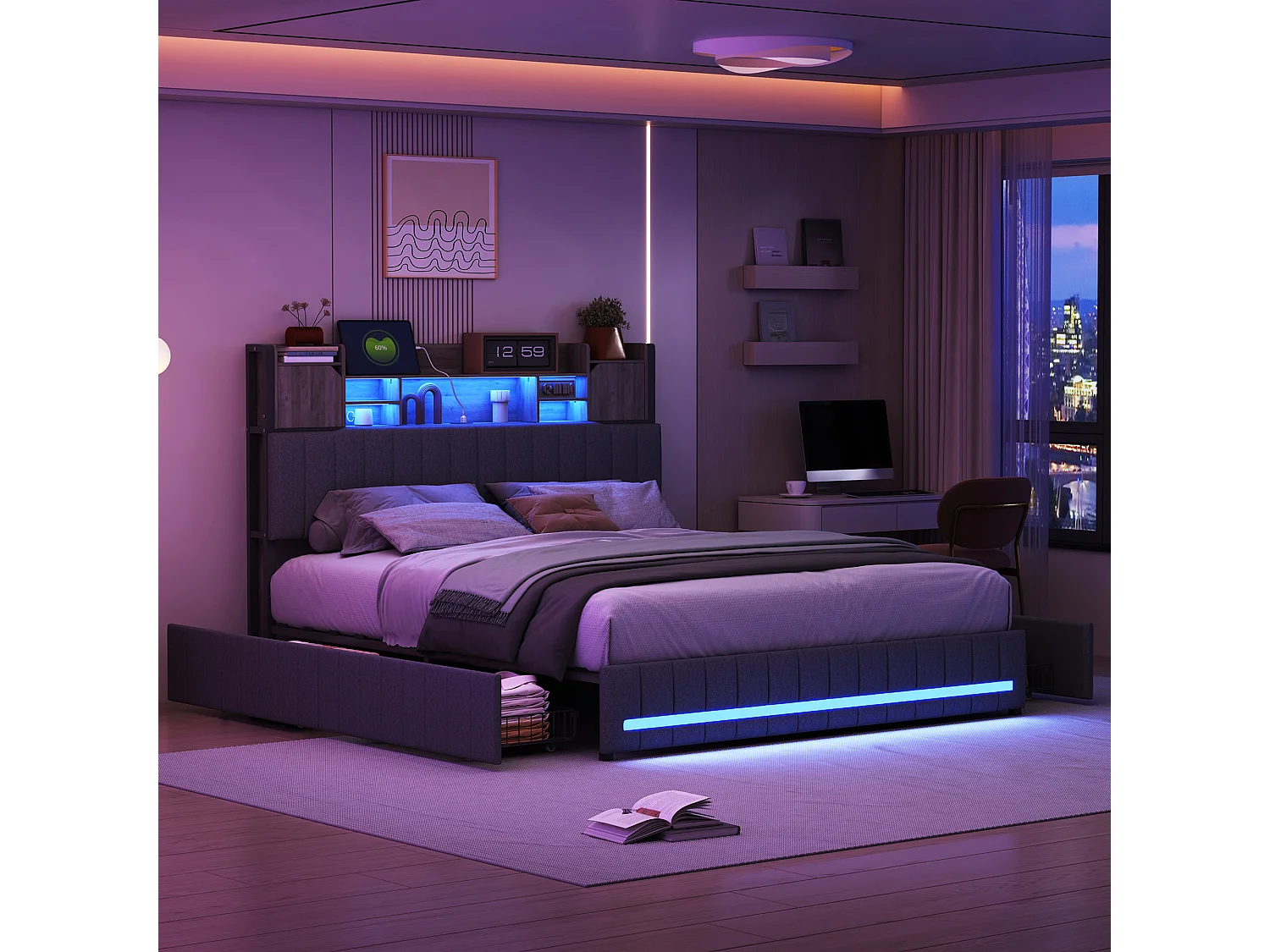 Cadre de lit double gris 140x190 cm, sommier à lattes, rembourré avec tête de lit rangement, 4 tiroirs intégrés et montage facile