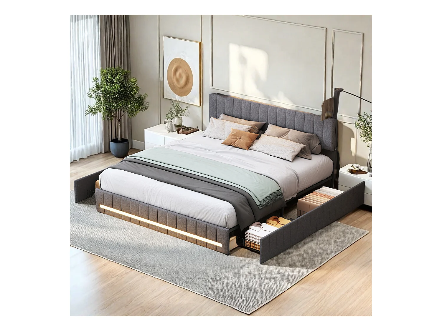 Cadre de lit double gris 140x190 cm, sommier à lattes, rembourré avec tête de lit rangement, 4 tiroirs intégrés et montage facile