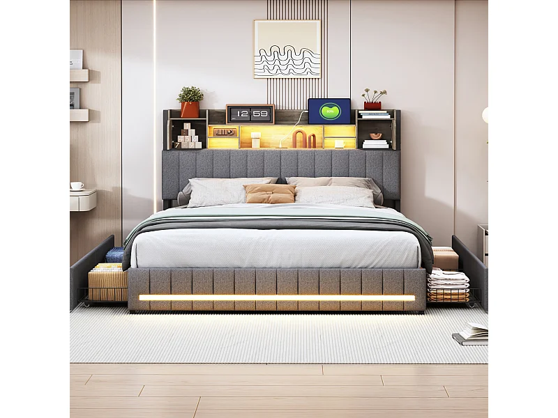 Grijs tweepersoonsbedframe 140x190 cm, lattenbodem, gestoffeerd met opberghoofdbord, 4 geïntegreerde lades en eenvoudige montage