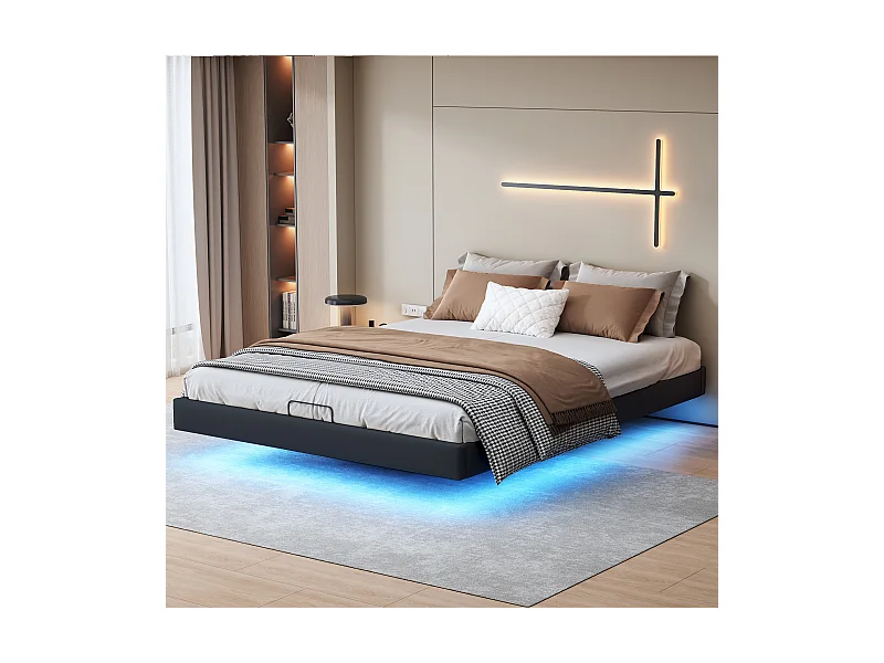 Lit double 160x200 cm beige design flottant avec LED, cadre en métal, sommier à lattes en bois, sans tête de lit, avec espace de rangement