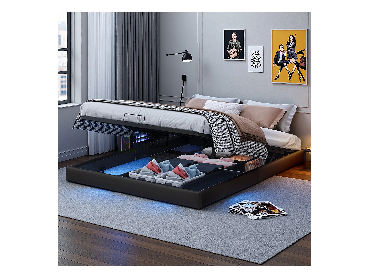 Letto matrimoniale 160x200 cm beige design galleggiante con LED, struttura in metallo, rete a doghe in legno, senza testiera, con vano contenitore