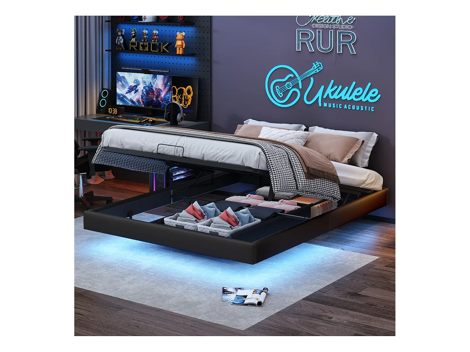 Letto matrimoniale 160x200 cm beige design galleggiante con LED, struttura in metallo, rete a doghe in legno, senza testiera, con vano contenitore