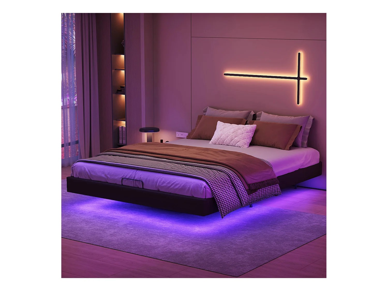 Letto matrimoniale 160x200 cm beige design galleggiante con LED, struttura in metallo, rete a doghe in legno, senza testiera, con vano contenitore