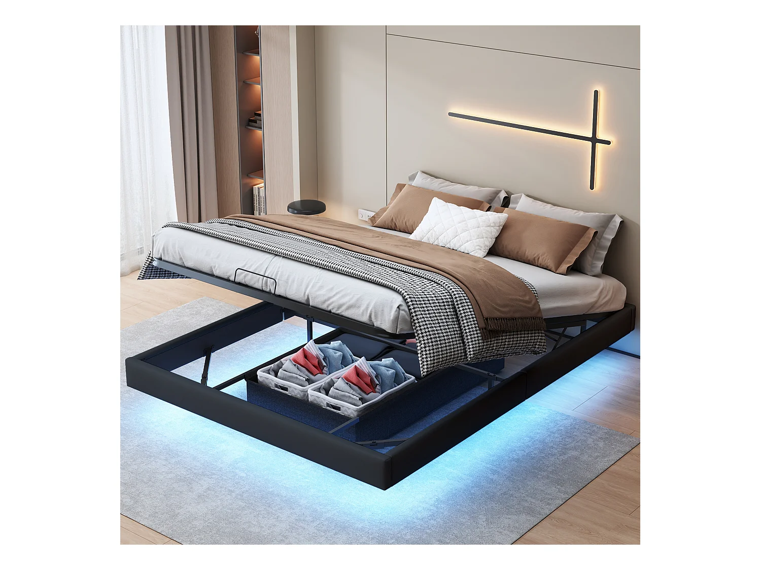 Lit double 160x200 cm beige design flottant avec LED, cadre en métal, sommier à lattes en bois, sans tête de lit, avec espace de rangement