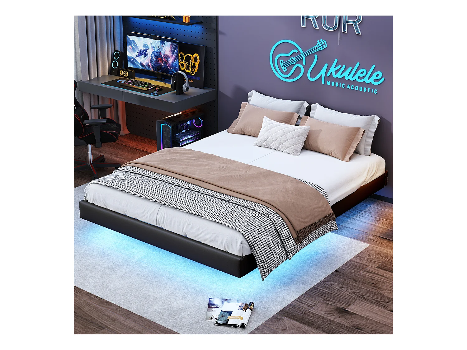 Cama de casal 160x200 cm design flutuante bege com LED, estrutura metálica, estrado de ripas de madeira, sem cabeceira, com espaço de arrumação