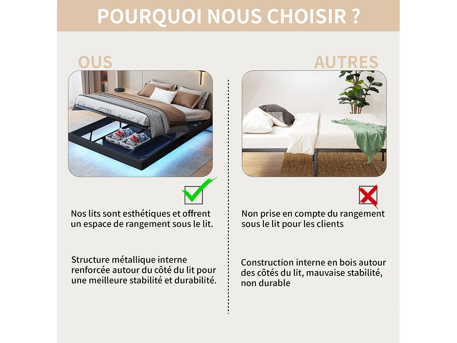 Cama de casal 160x200 cm design flutuante bege com LED, estrutura metálica, estrado de ripas de madeira, sem cabeceira, com espaço de arrumação