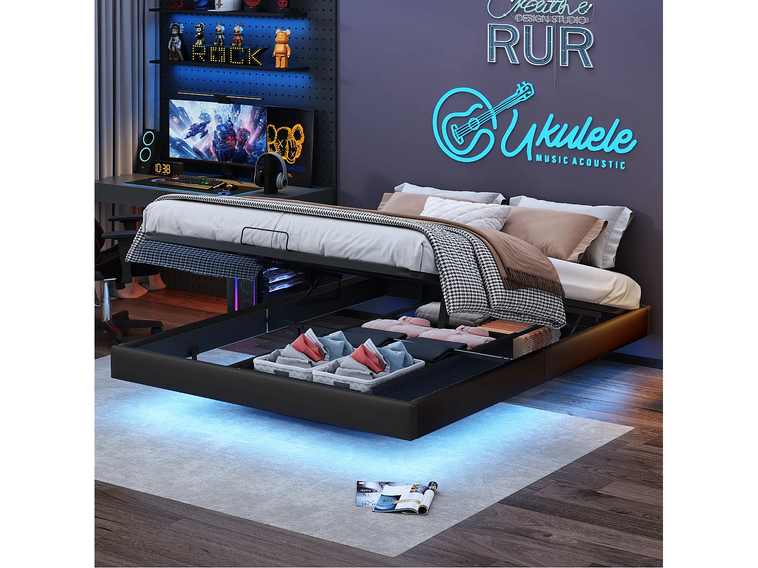 Lit double 160x200 cm beige design flottant avec LED, cadre en métal, sommier à lattes en bois, sans tête de lit, avec espace de rangement