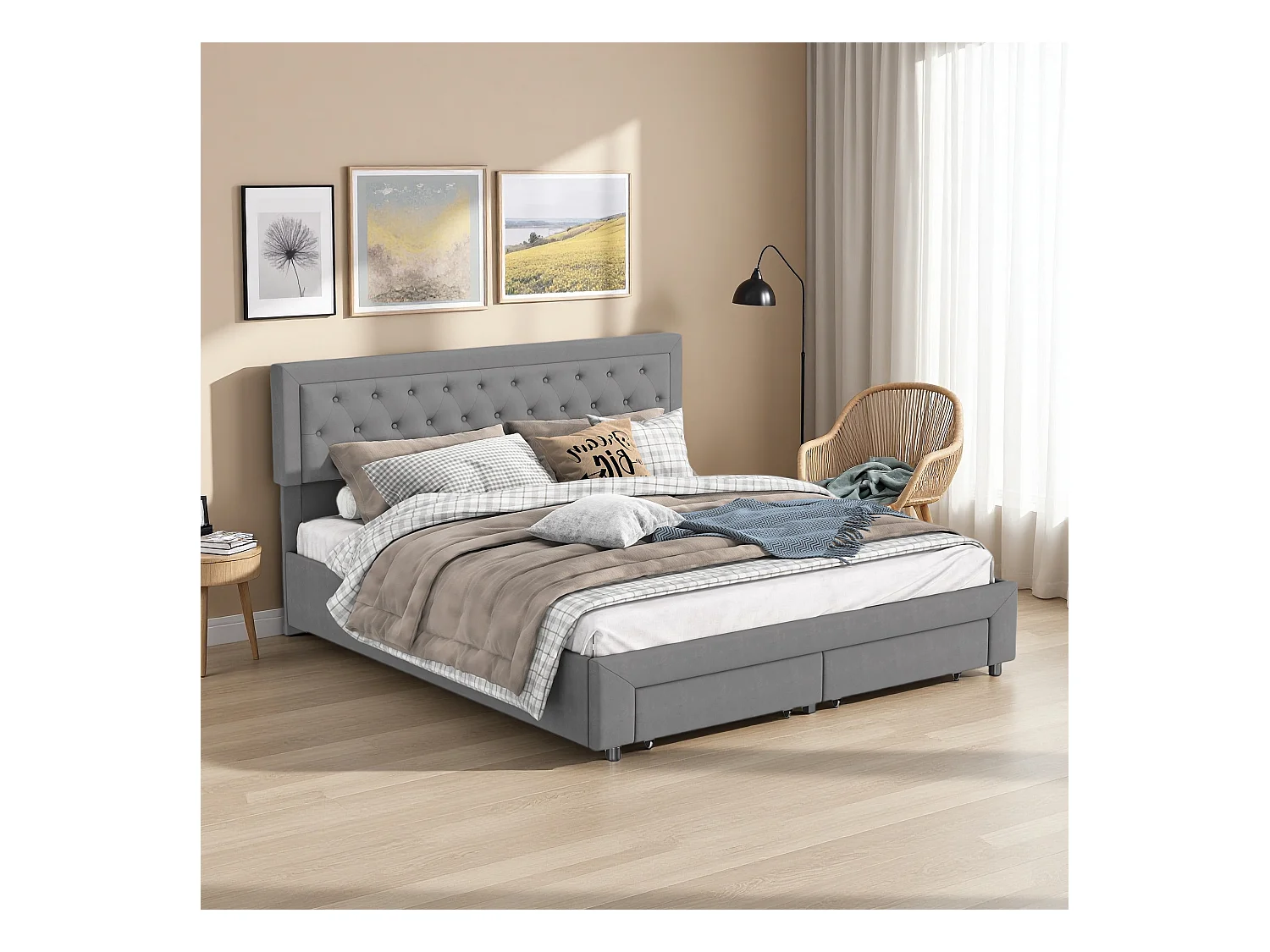 Letto contenitore grigio 180 x 200 cm, velluto, con testiera imbottita regolabile in altezza, letto contenitore con cassetti e doghe in legno