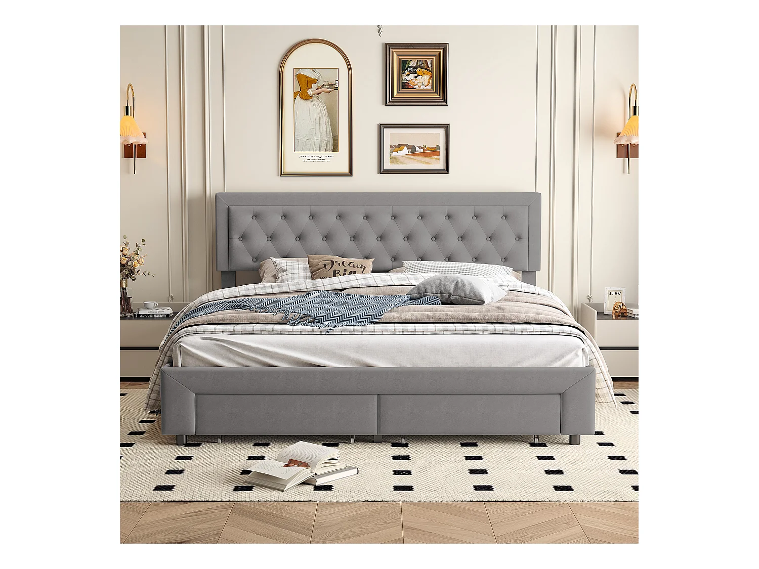 Letto contenitore grigio 180 x 200 cm, velluto, con testiera imbottita regolabile in altezza, letto contenitore con cassetti e doghe in legno