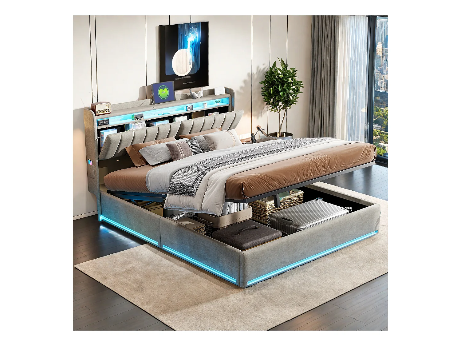 Cama con almacenaje de 140x200 cm en tejido de terciopelo gris con cabecero acolchado, LED integrados, práctico espacio de almacenaje, toma USB
