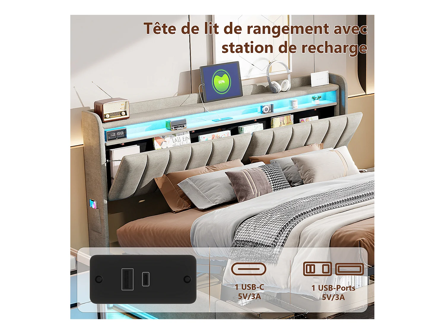 Cama con almacenaje de 140x200 cm en tejido de terciopelo gris con cabecero acolchado, LED integrados, práctico espacio de almacenaje, toma USB