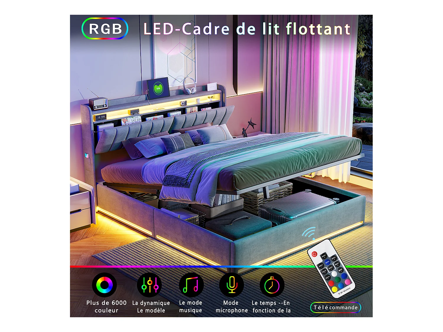 Cama con almacenaje de 140x200 cm en tejido de terciopelo gris con cabecero acolchado, LED integrados, práctico espacio de almacenaje, toma USB