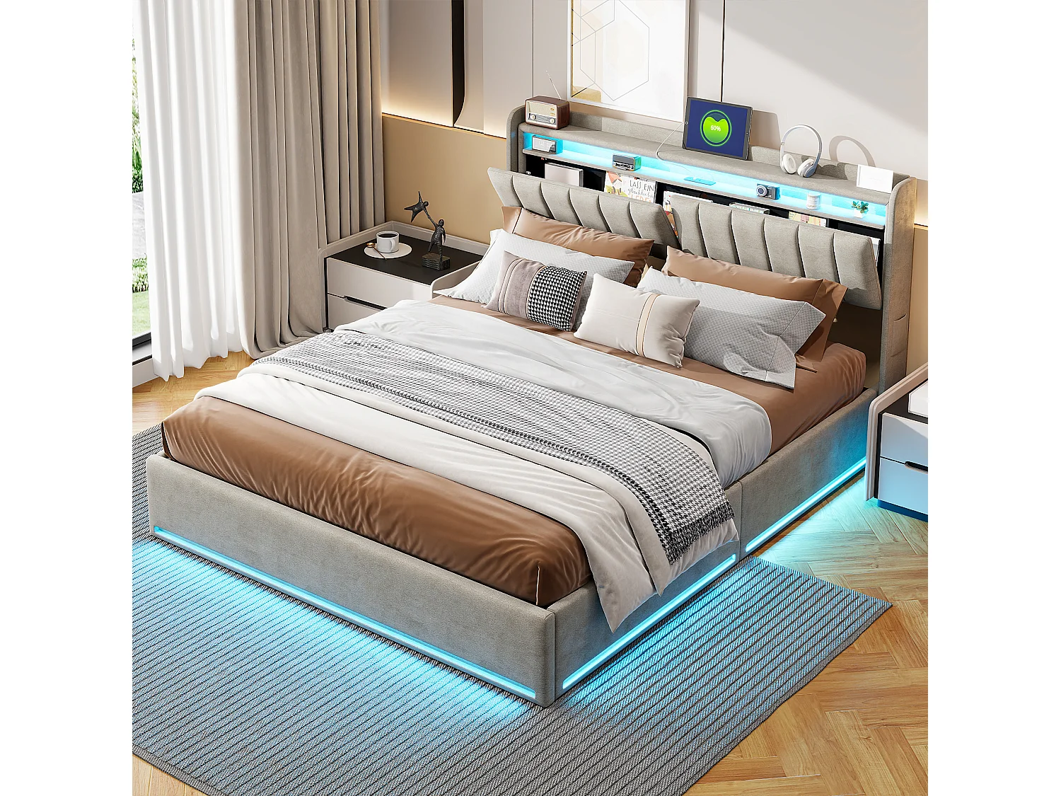 Cama con almacenaje de 140x200 cm en tejido de terciopelo gris con cabecero acolchado, LED integrados, práctico espacio de almacenaje, toma USB