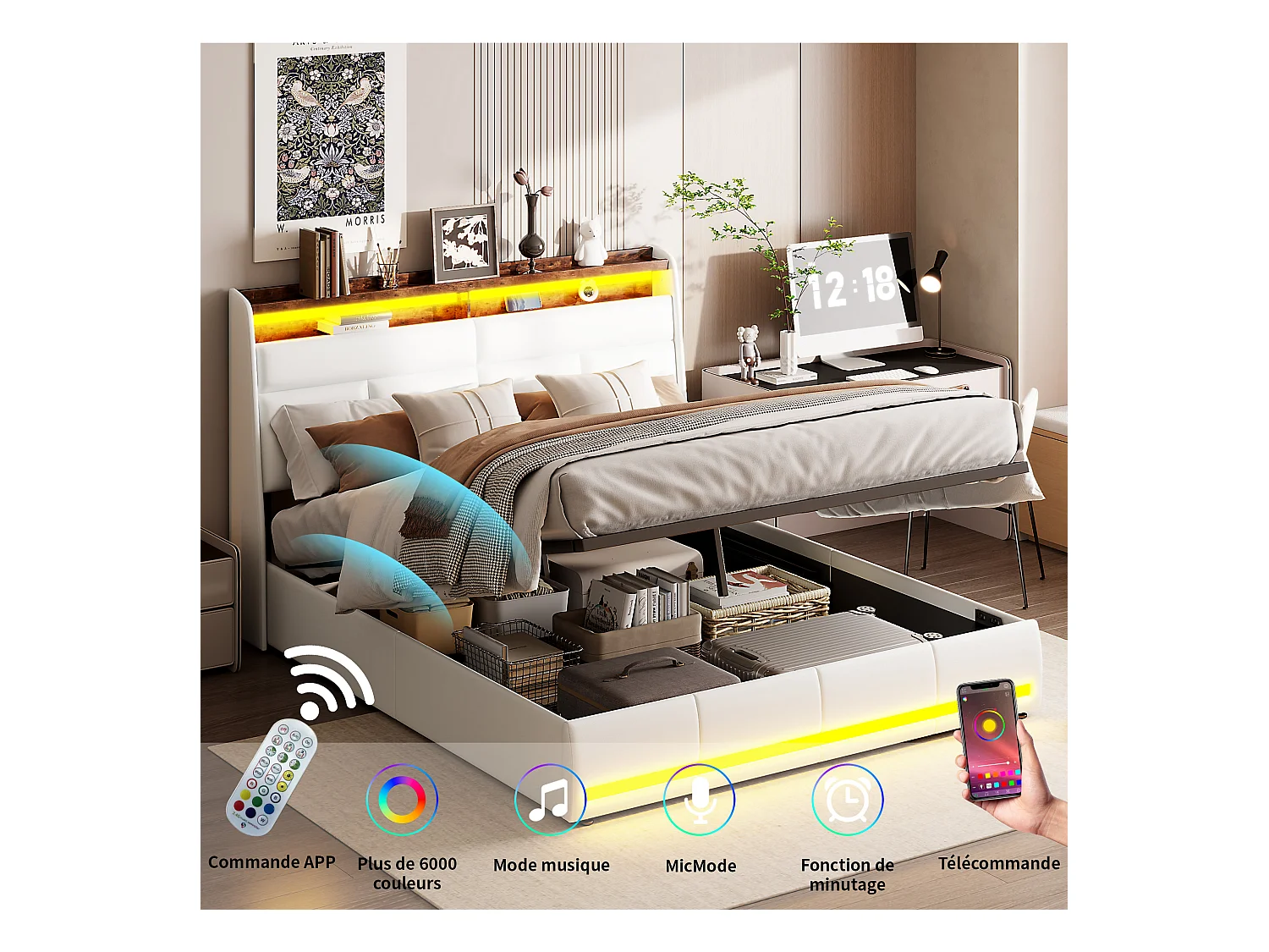 Cama estofada branca 140x200 cm em PU, com LED e portas USB, base de abertura hidráulica, amplo espaço de armazenamento (sem colchão)