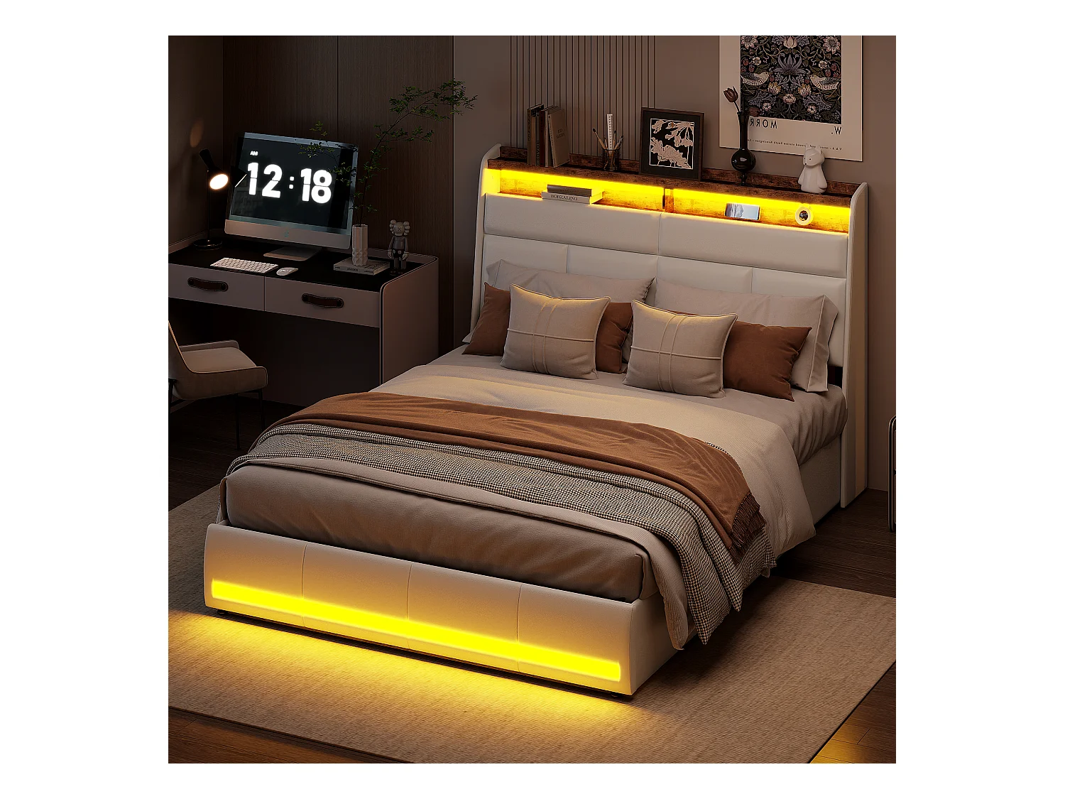 Cama estofada branca 140x200 cm em PU, com LED e portas USB, base de abertura hidráulica, amplo espaço de armazenamento (sem colchão)