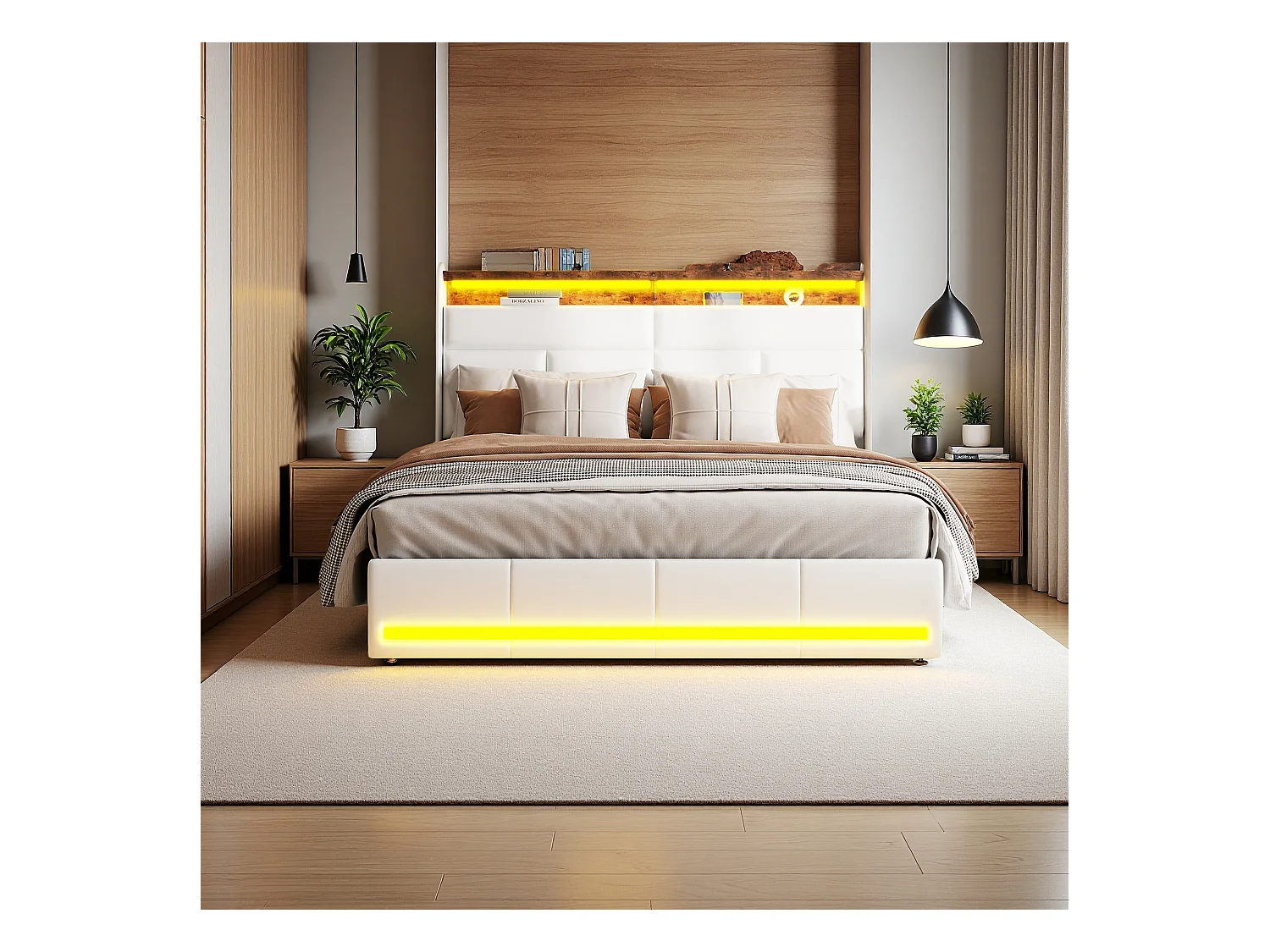 Lit tapissé blanc 140x200 cm en PU, avec LED et ports USB, sommier à ouverture hydraulique, grand espace de rangement (sans matelas)