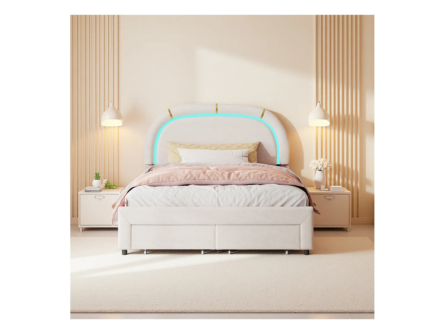 Letto imbottito 140x200, con LED e 2 cassetti, Struttura letto matrimoniale con testiera regolabile in altezza e doghe in legno (senza materasso) Beige