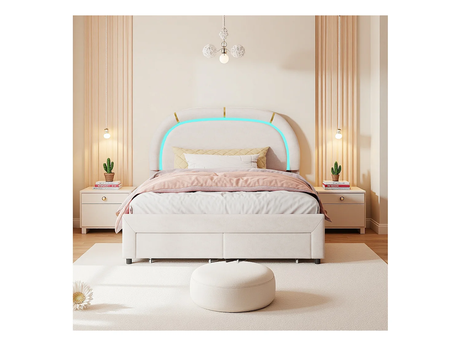 Letto imbottito 140x200, con LED e 2 cassetti, Struttura letto matrimoniale con testiera regolabile in altezza e doghe in legno (senza materasso) Beige