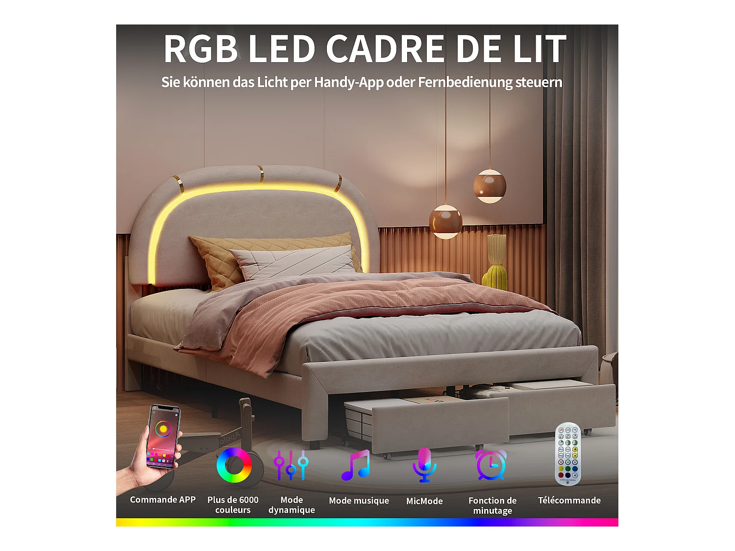 Letto imbottito 140x200, con LED e 2 cassetti, Struttura letto matrimoniale con testiera regolabile in altezza e doghe in legno (senza materasso) Beige