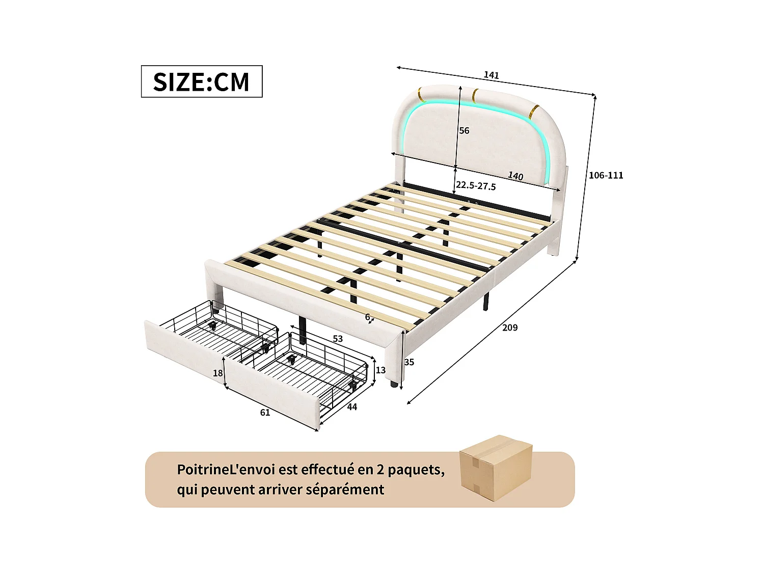 Letto imbottito 140x200, con LED e 2 cassetti, Struttura letto matrimoniale con testiera regolabile in altezza e doghe in legno (senza materasso) Beige