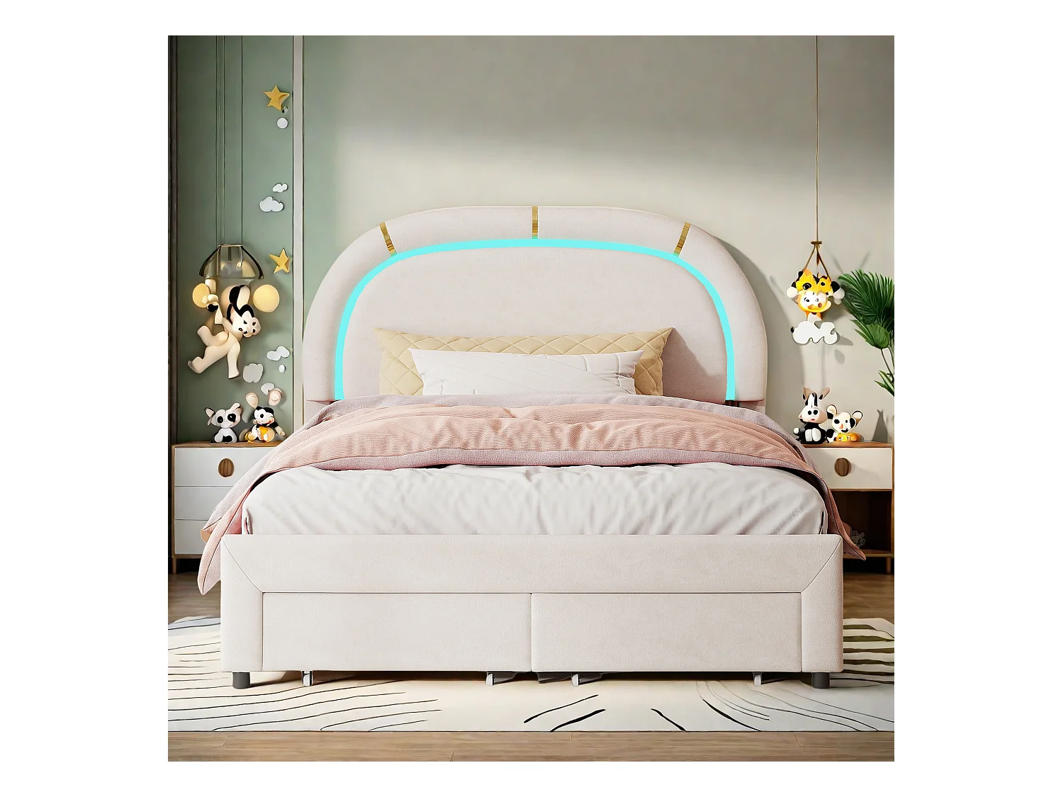 Letto imbottito 140x200, con LED e 2 cassetti, Struttura letto matrimoniale con testiera regolabile in altezza e doghe in legno (senza materasso) Beige