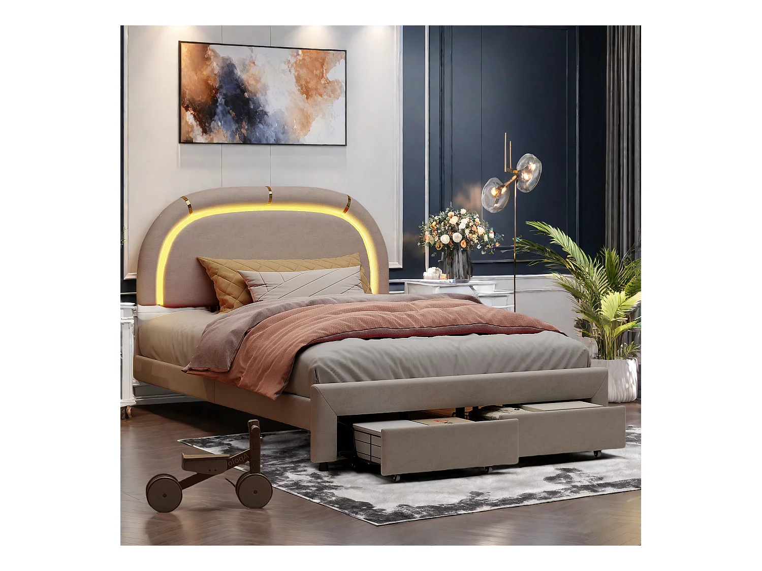 Letto imbottito 140x200, con LED e 2 cassetti, Struttura letto matrimoniale con testiera regolabile in altezza e doghe in legno (senza materasso) Beige