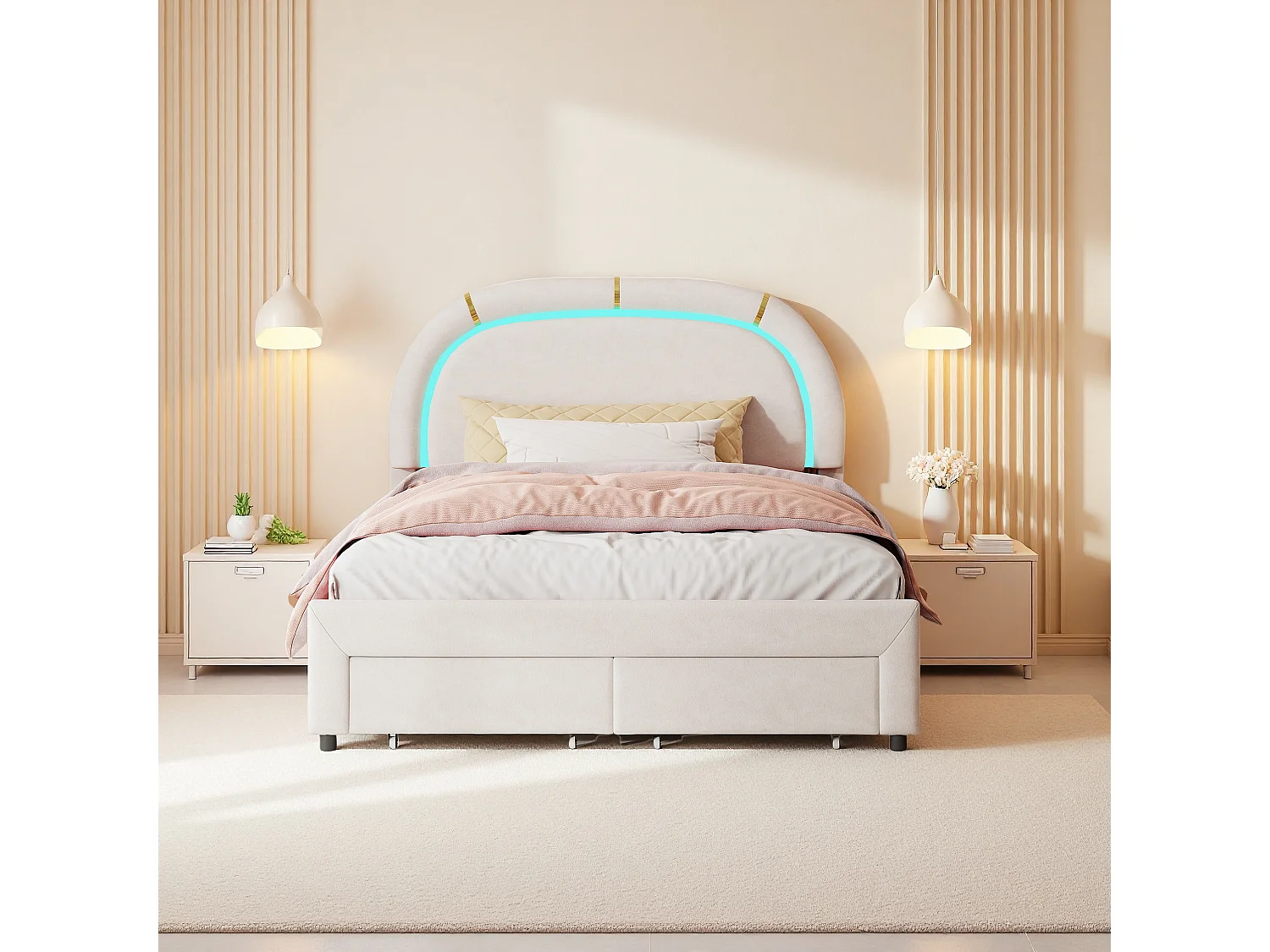 Lit rembourré 140x200, avec LED et 2 Tiroirs, Cadre de lit Double avec tête de lit réglable en Hauteur et à Lattes en Bois (sans Matelas) Beige