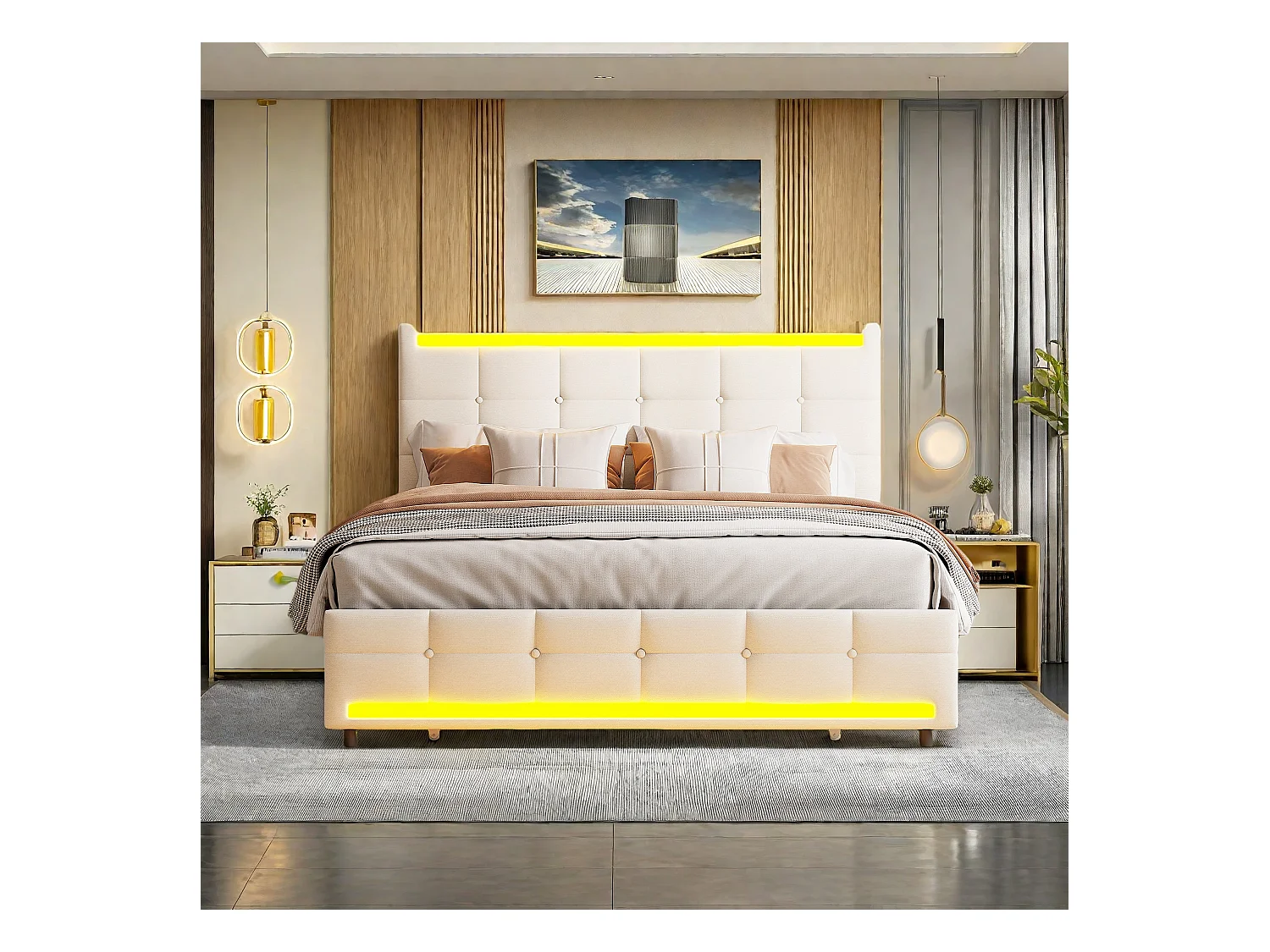Lit double rembourré 140x200 cm en lin beige, avec LED, ports USB, sommier à lattes robuste et espace de rangement pratique (sans matelas)