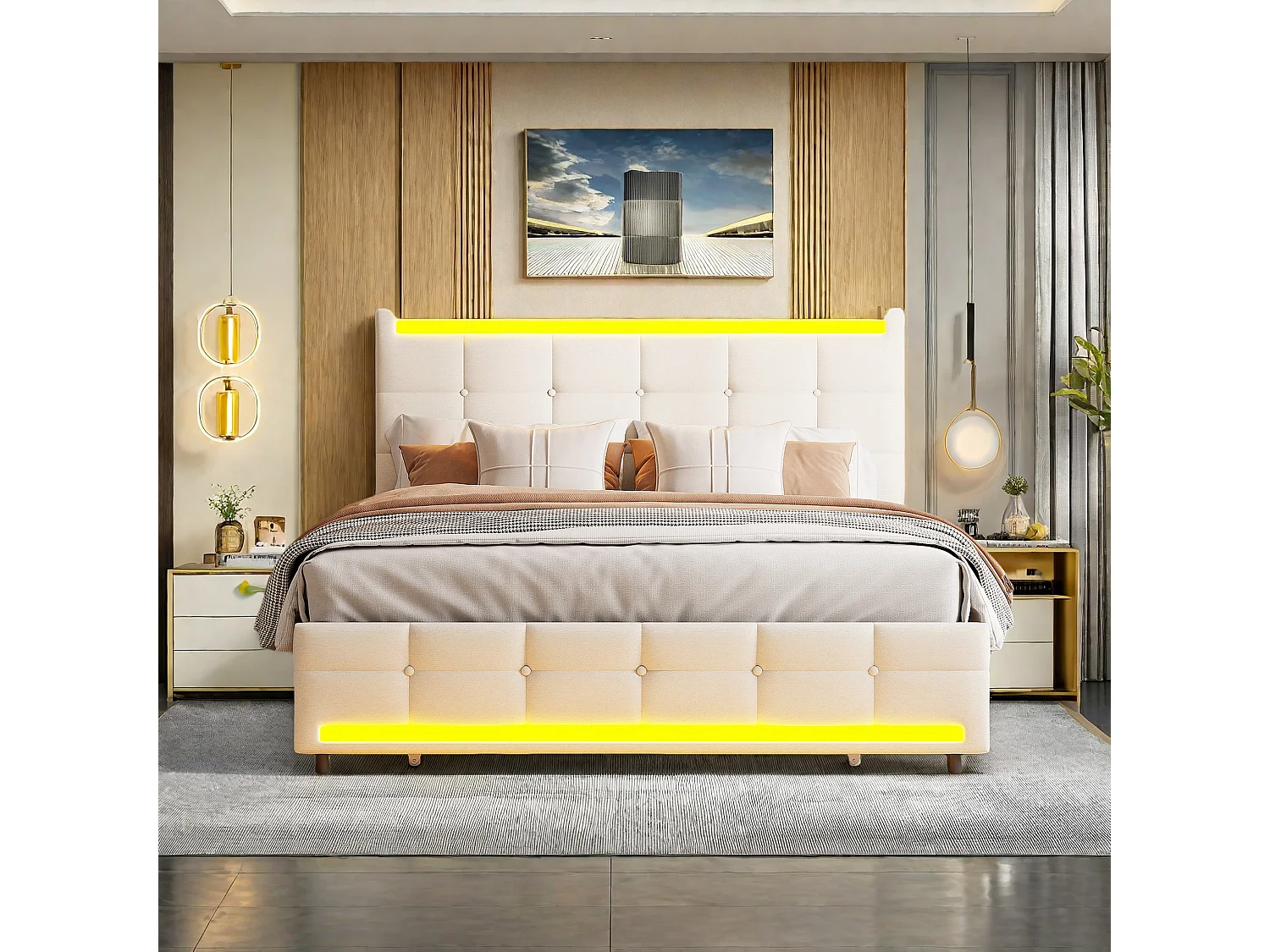 Lit double rembourré 140x200 cm en lin beige, avec LED, ports USB, sommier à lattes robuste et espace de rangement pratique (sans matelas)