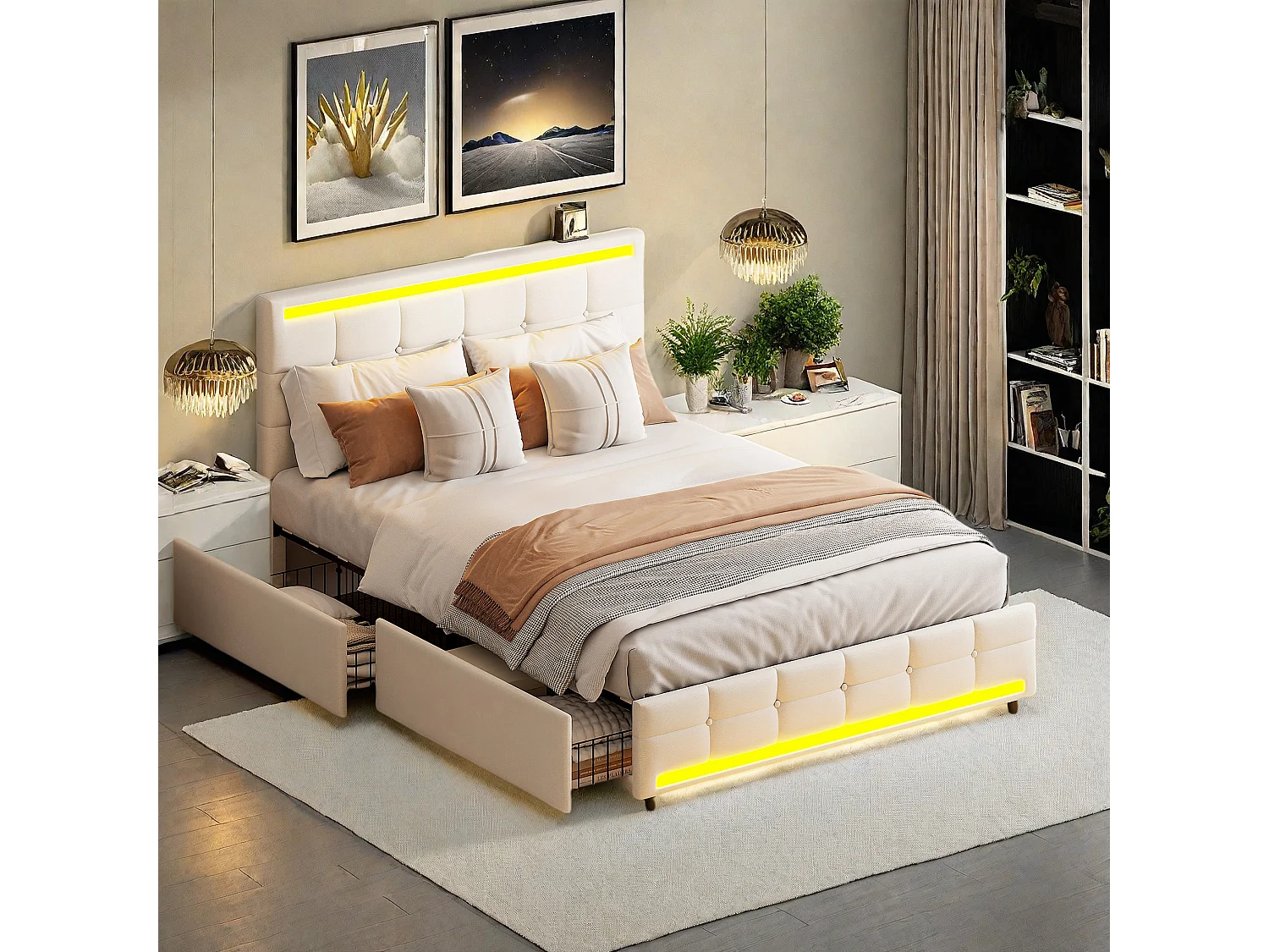 Lit double rembourré 140x200 cm en lin beige, avec LED, ports USB, sommier à lattes robuste et espace de rangement pratique (sans matelas)