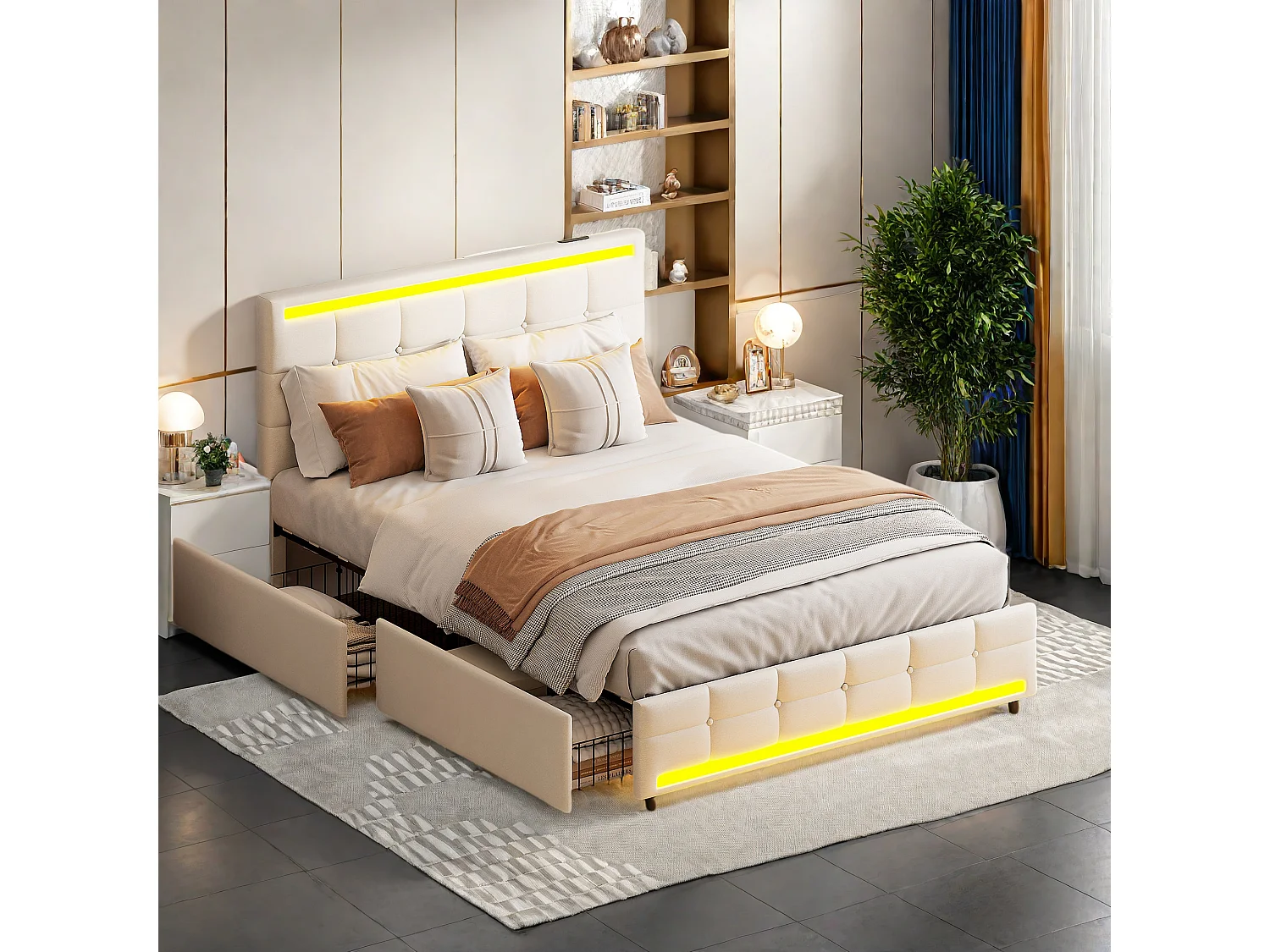 Lit double rembourré 140x200 cm en lin beige, avec LED, ports USB, sommier à lattes robuste et espace de rangement pratique (sans matelas)