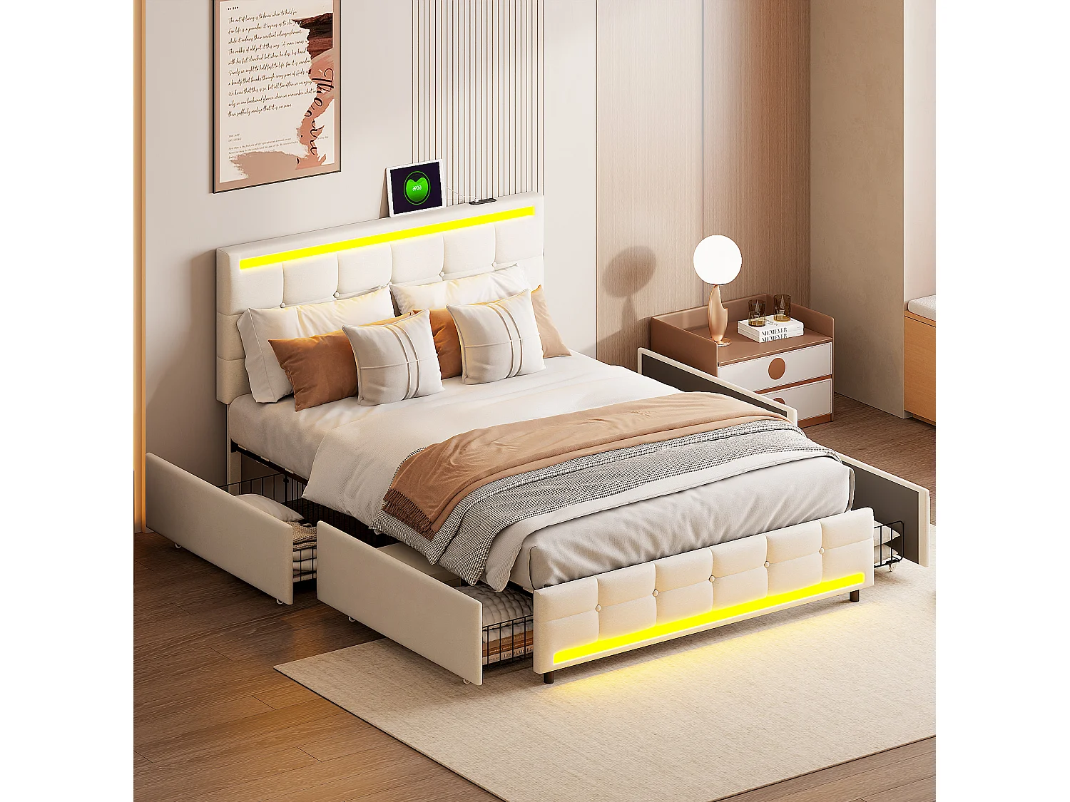 Lit double rembourré 140x200 cm en lin beige, avec LED, ports USB, sommier à lattes robuste et espace de rangement pratique (sans matelas)