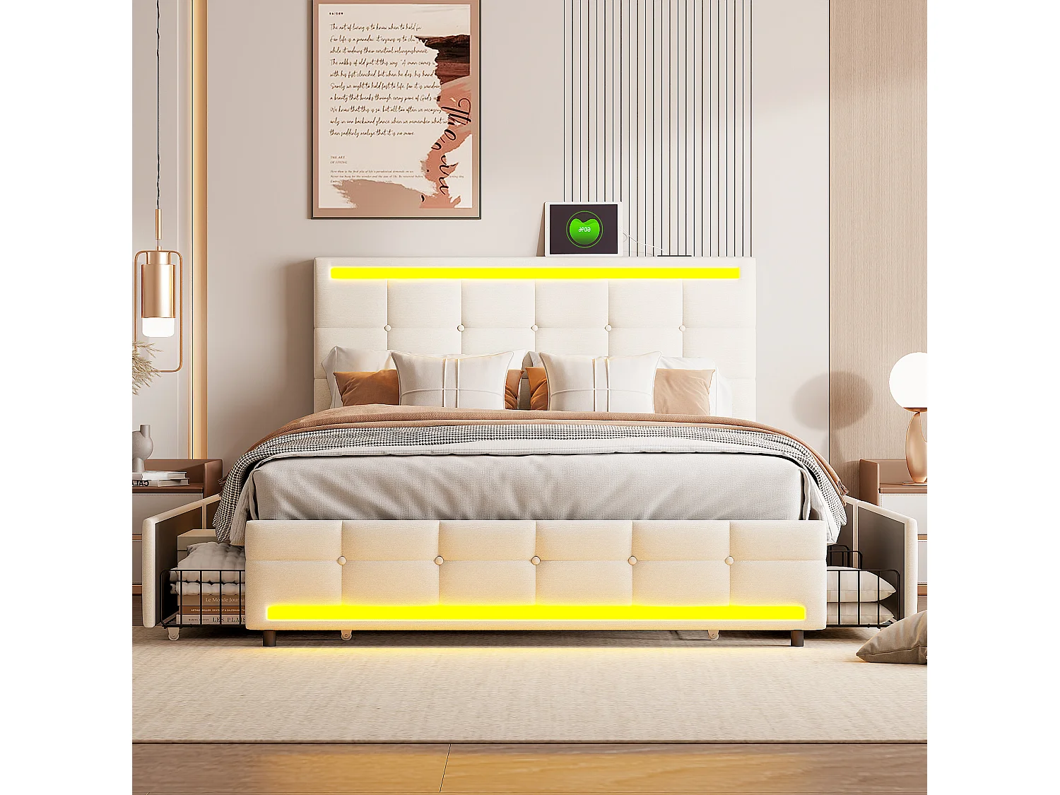 Lit double rembourré 140x200 cm en lin beige, avec LED, ports USB, sommier à lattes robuste et espace de rangement pratique (sans matelas)