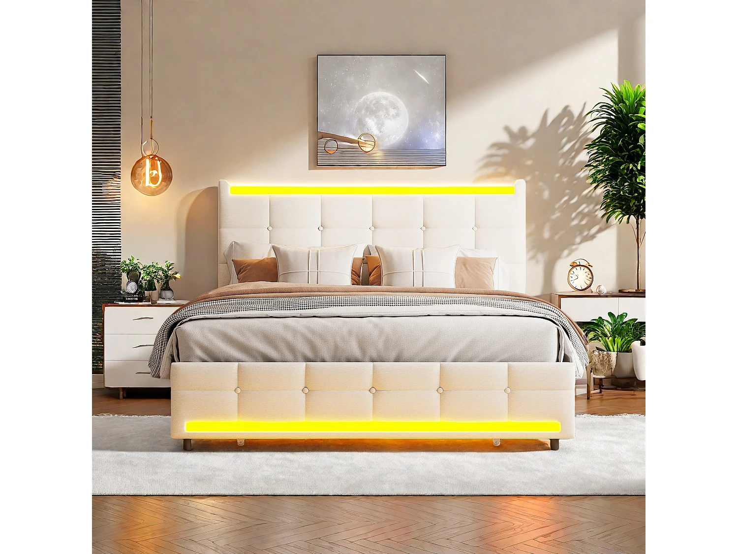 Lit double rembourré 140x200 cm en lin beige, avec LED, ports USB, sommier à lattes robuste et espace de rangement pratique (sans matelas)