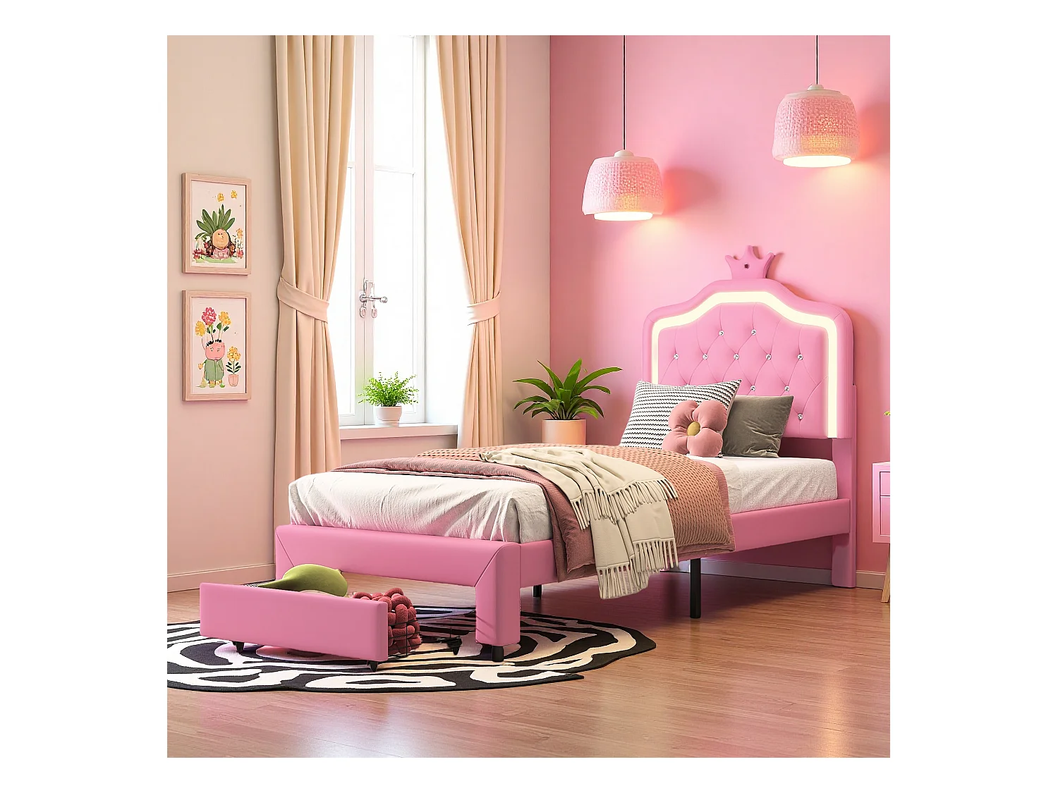 Lit enfant 90x200 cm rembourré, tête de lit réglable, 2 tiroirs, forme de couronne avec LED, style princesse, rose (sans matelas)